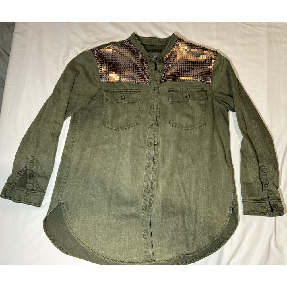 Anthropologie Henley Top Women's 10 Green‎ Sequin Button Up Long Sleeve Western